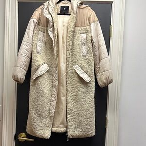 7 For All Mankind Cream Mixed-Media Sherpa & Quilted Hooded Coat